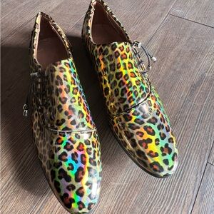 Leopard print loafer, iridescent rainbow animal print slip on dress shoe